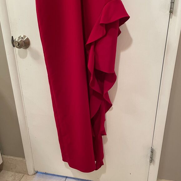 Shoshanna Midnight Off the Shoulder Ruffle Slit Cocktail Long Gown Red 4 - Picture 8 of 13